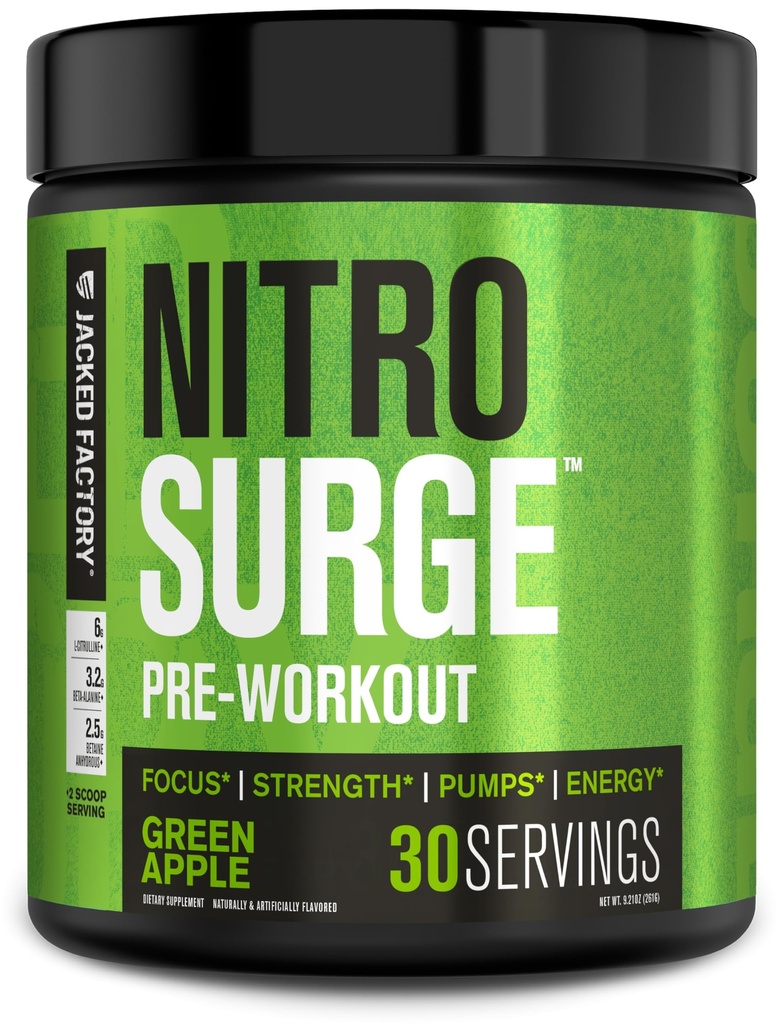 Jacked Factory NITROSURGE Pre Workout Doplněk - Nekonečná energie, Okamžité silové zisky, jasné zaměření, intenzivní čerpadla - NO Booster & Powerful Preworking Energy Powder - 30 Servings, Green Apple