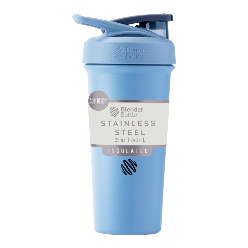 BlenderBottle Sport Sleek Izolovaná nerezová ocel třepačka láhev s drátěnou whisky, 25-Ounce, Dusty Blue - Protein Shake & Hydration pro sportovce & Fitness nadšenci, Easy Mixing, Slim Easy to Hold, Drží drinky studené, Uzamykatelné Lid