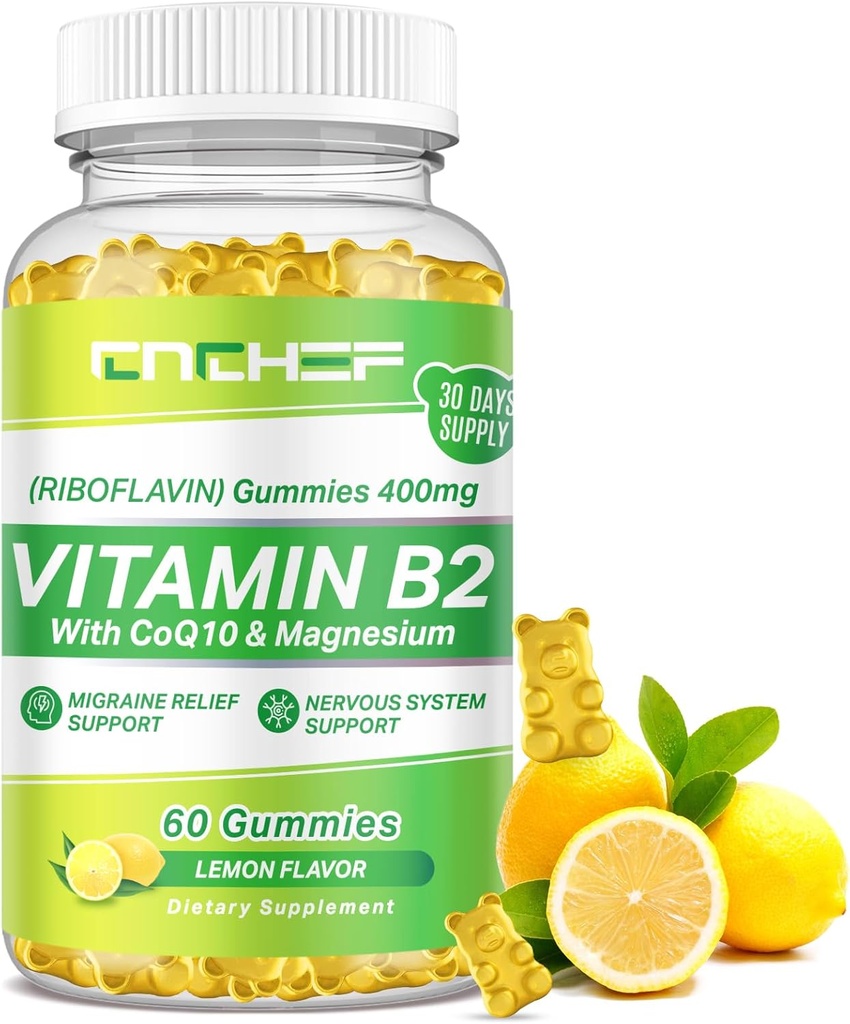 Vitamin B2 Gummie pro dospělé a děti - Riboflavin 400mg doplněk s magnesium Glycinát & CoQ10, Podpora Migréna Relief & nervový systém, Zvýšení energie, Cukr zdarma Vegan B2 Gummies Lemon Flavor