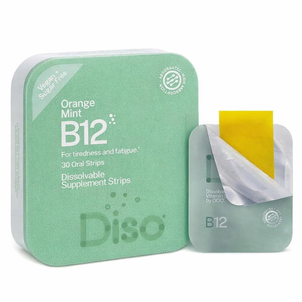 DISO - Vitamin B12 - Fast- Rozpouštění perorálních proužků, pro únavu a únavu, Orange Mint Flavor, Vegan, Bez cukru, Maximální absorpce, Bezlepkové, Individuálně zabalené, 30 Rozpustné proužky