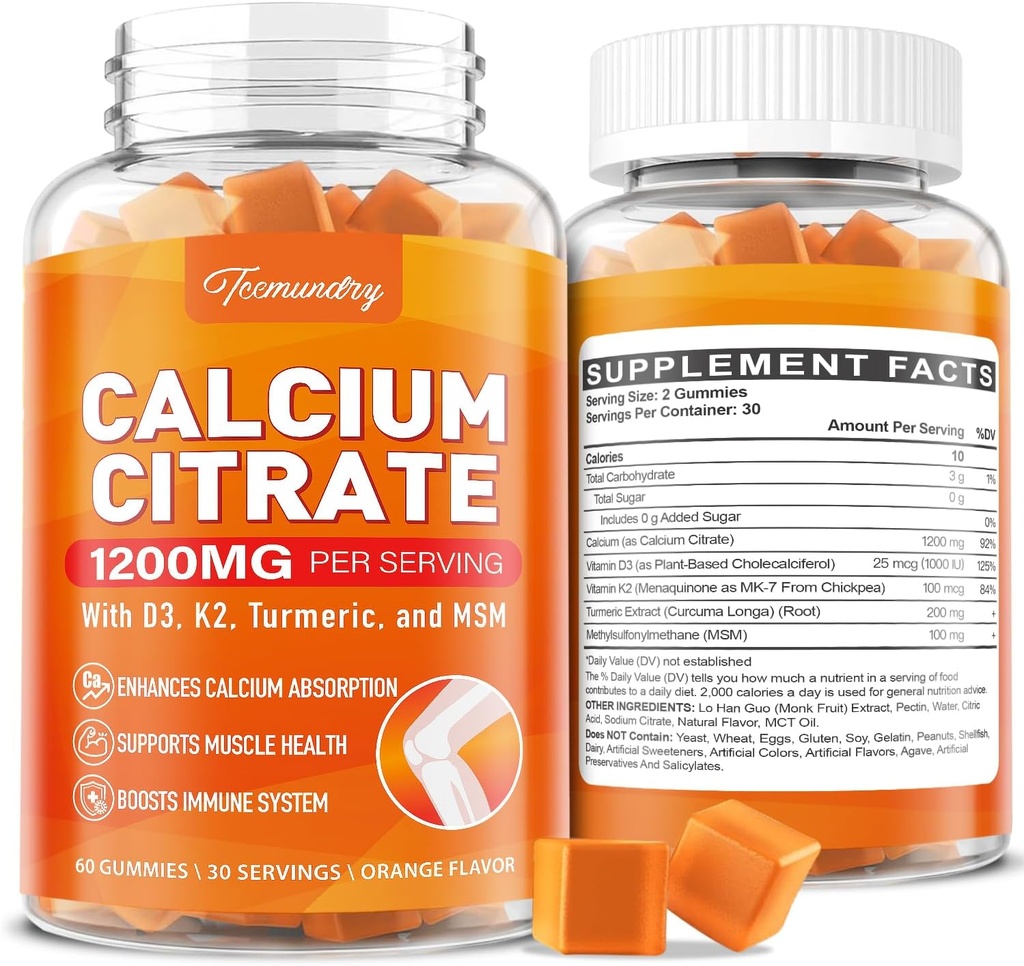 Vápník 1200 mg s vitaminem D3 Doplněk Gummie pro dospělé: Ultimate Absorption vápník Citrát s vitaminem D3 K2, Kurkumový extrakt, MSM pro ženy