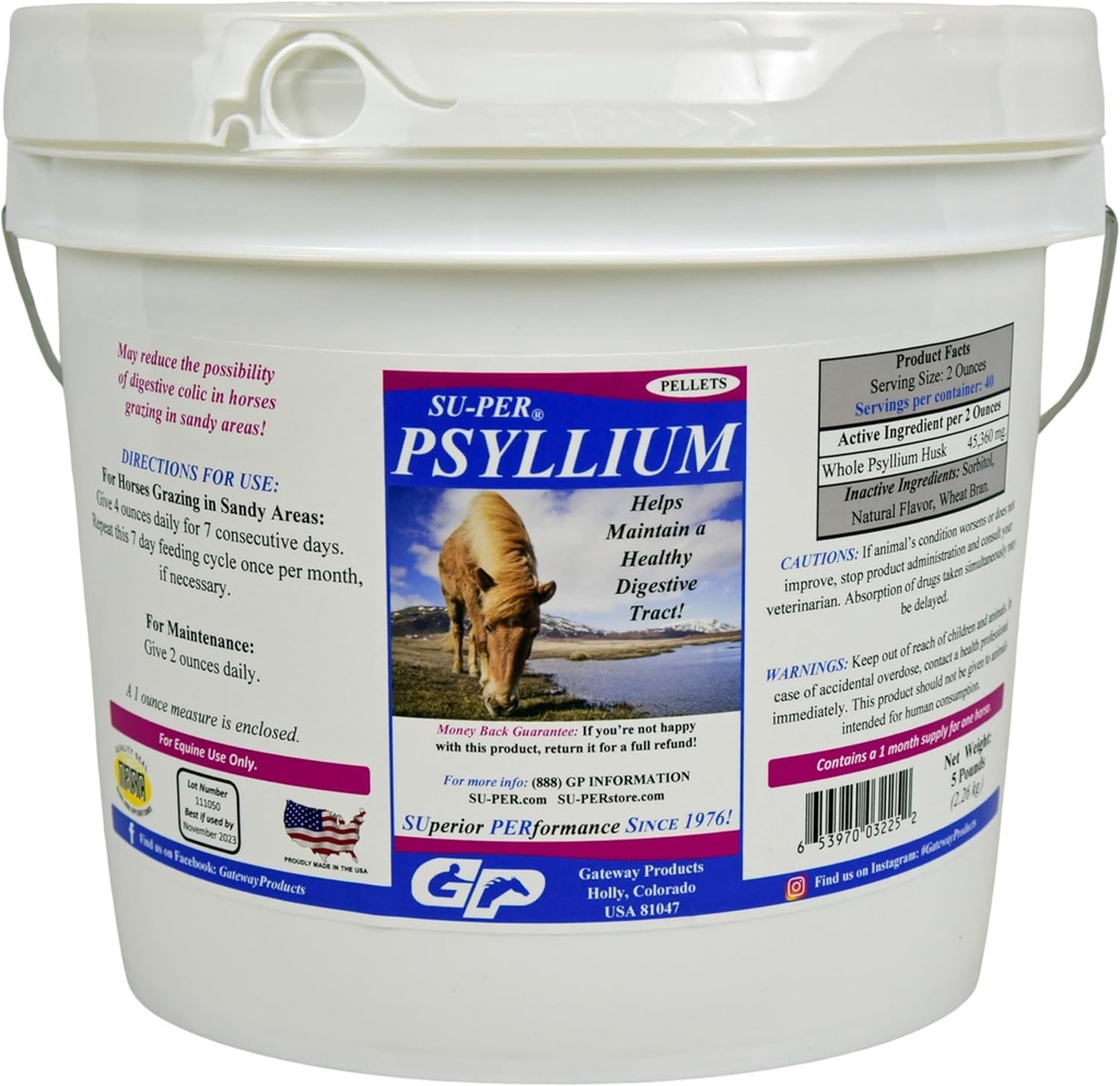 SU-PER Psylium Pellets Equine Dodatek - Udržuje zdravý trávicí trakt v koních - Podporuje odstranění písku a špíny ze střevního traktu - 5 Pound, 1 měsíc Dodávka