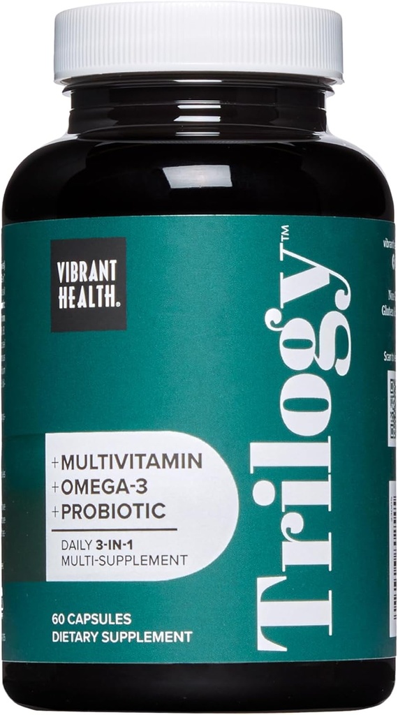 Vibrační zdraví, trilogie, probiotický multivitamin s esenciální směsí Omega-3, vitamin A, B12, C, D3, E, selen, hořčík & zinek, 30 Služeb