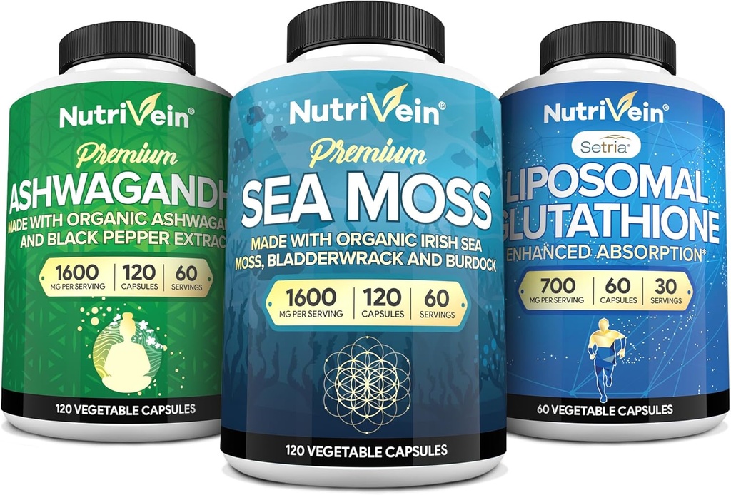 Živina Premium Irské moře Moss Kapsle, Ashwagandha, a Liposomal Glutathione dodatek Bundle: Moss moře, Reduced Glutathione, & Ashwagandha doplňky pro imunitu, Mood, Digestion, & Detox