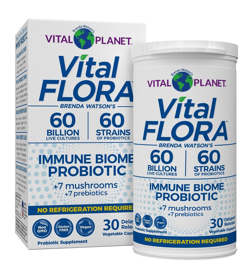 Vital Planet - Vital Flora Imunitate Support Probiotic, 60 Milionů CFU, 60 Diverse Straines, 7 Organic Houbový dodatek Směs s prebiotika, Neskladovatelné stravitelné zdraví Probiotika 30 Kapsle