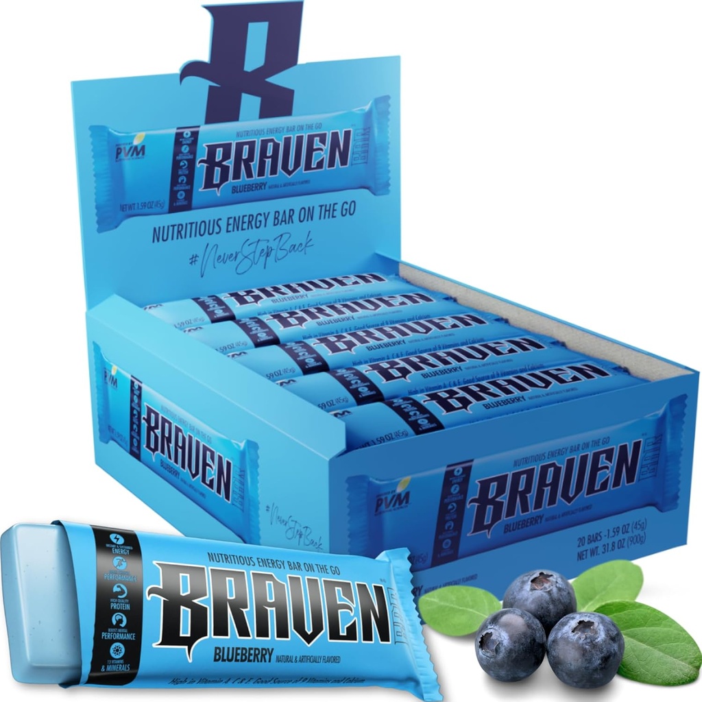 Braven Bar Blueberry Energy Bary (1.59 oz, Pack of 20) - Energy Chews with 5g Protein - On- the- Bear Energy Snacks for running, Touking, and Sports - Gluten zdarma Snacks for Setrvalá energie Boost