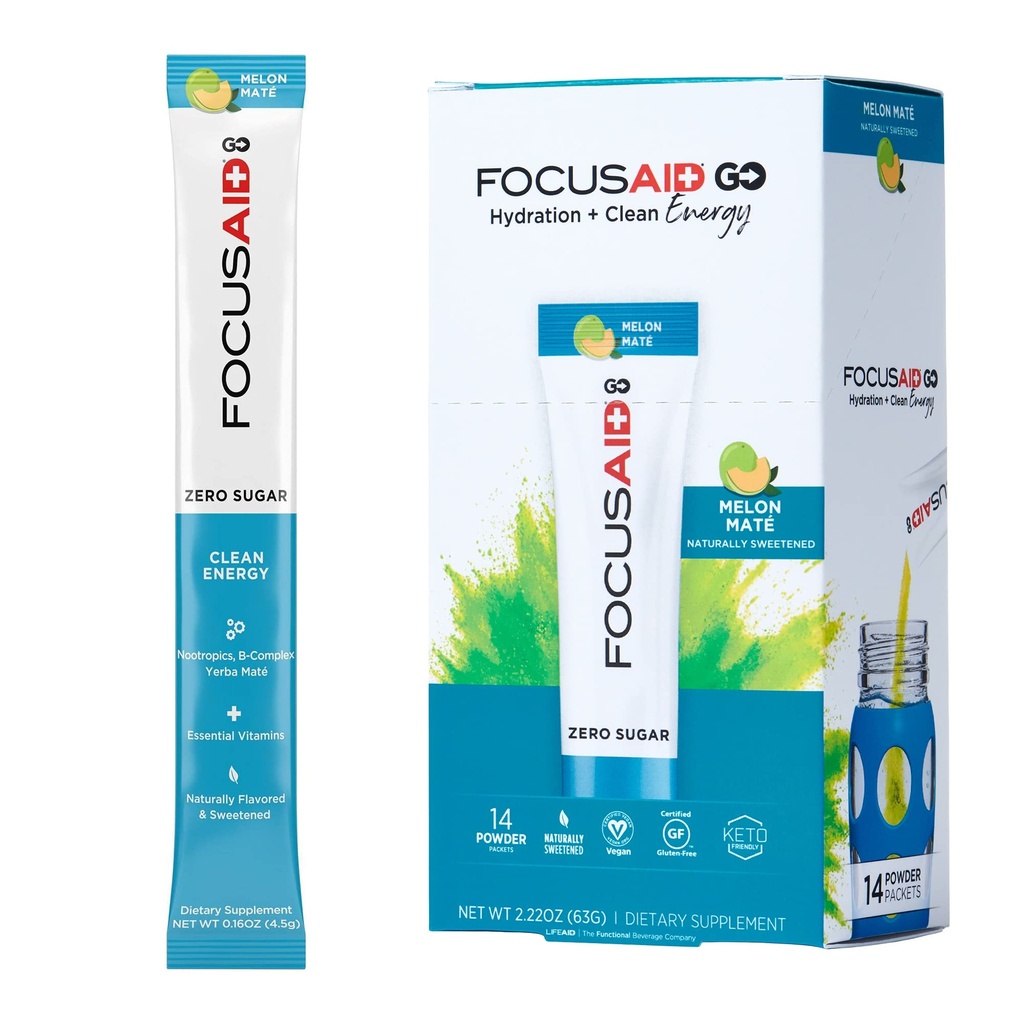 FOCUSAID GO Nootropics Energy Blend, Nulový cukr, Alfa-GPC, GABA, B-Complex, Yerba Mate, Green Tea, Keto Friendly, 100 mg přírodní kofein (balení po 14)