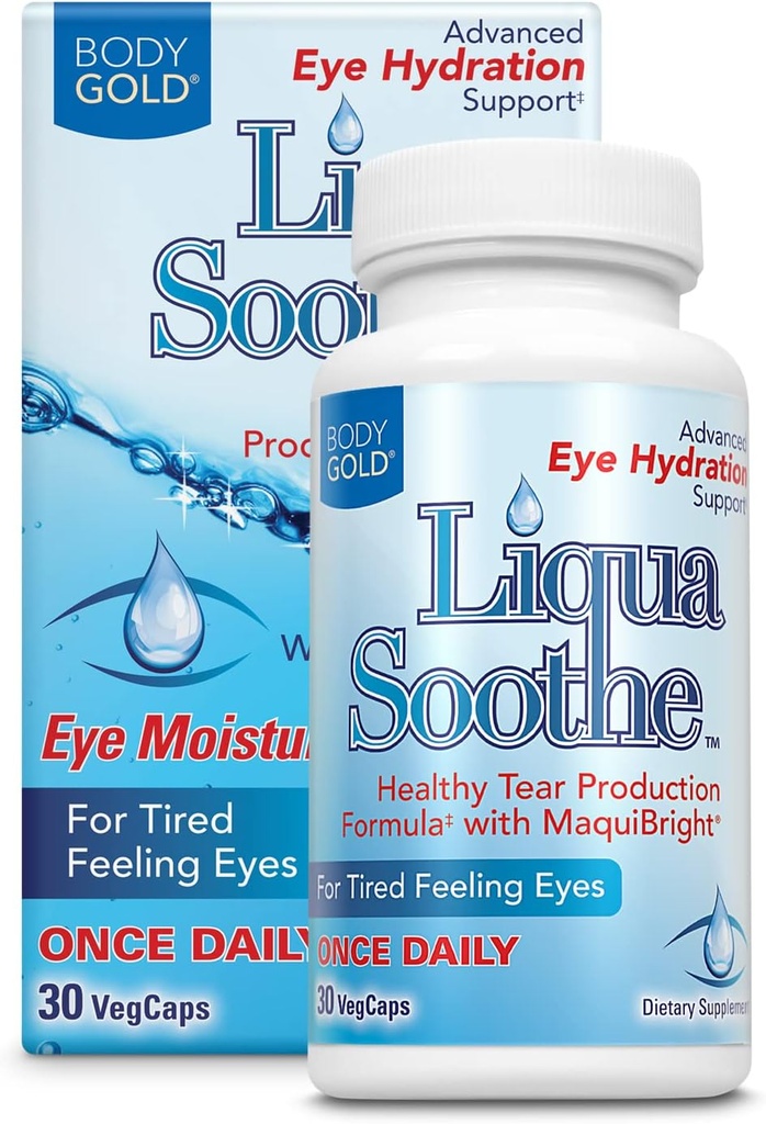 Body Gold Liqua Soothe Eye Health Supplement, Zdravá slza výrobní Formule pro suché, únavné pocit očí, w / MaquiBright, Vitamin A, Lutein a Hyaluronic kyseliny, 60 denní záruka, 30 Serv, 30 VegCaps