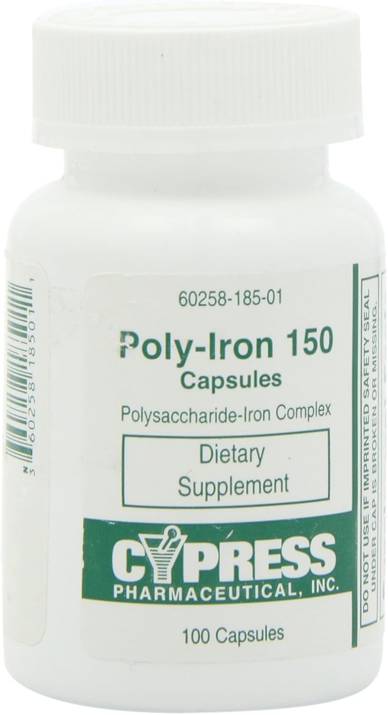 Dietní dodatek - Poly Iron Capsules 150 mg (100 víček na láhev) by Cypress Pharmaceutical # 185-01 (1 lahvička 100 kapslí)