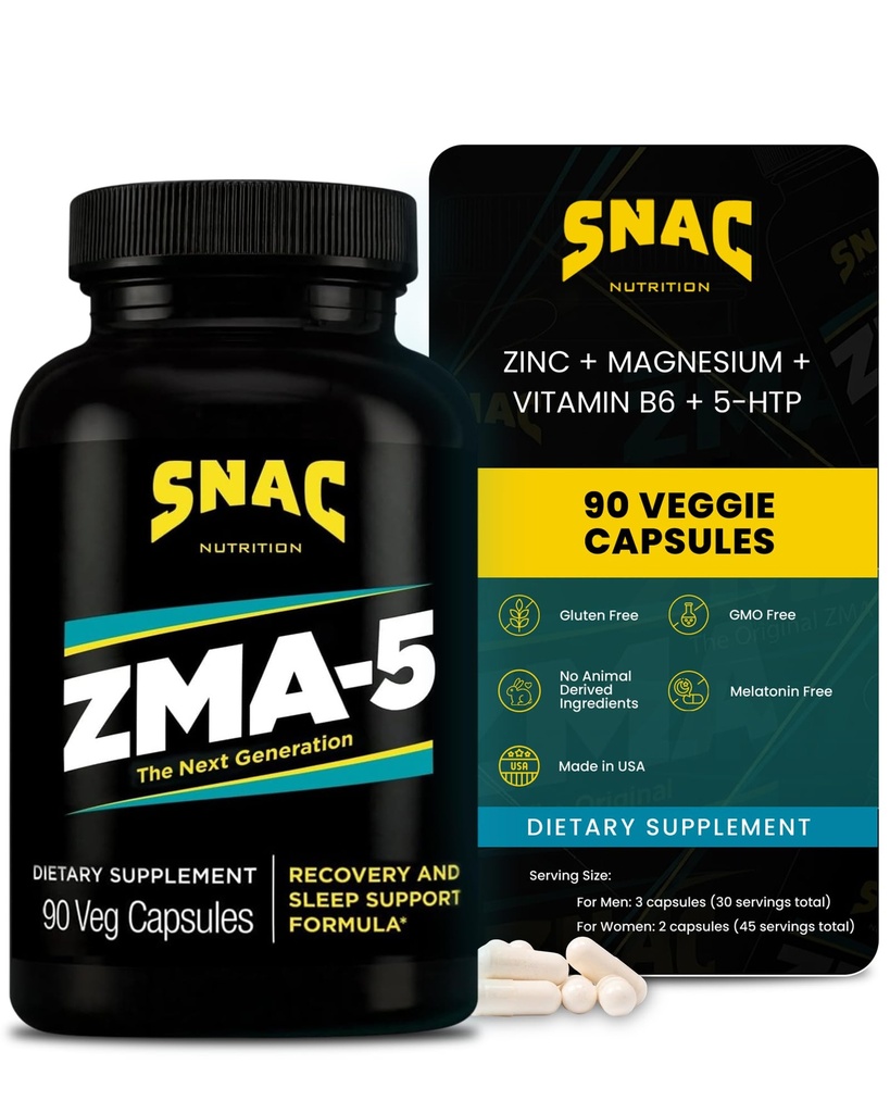 SNAC ZMA-5 Sleep Aid Dodatek, Podpora svalové obnovy a růstu, Imunitní podpora, & Obnovení spánku se zinem, hořčík & 5-HTP, Post Workout, Před Bed ZMA doplňky 90 Veggie Kapsle