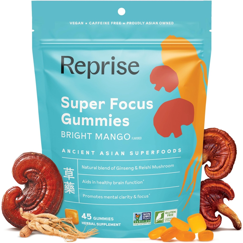Focus Gummies for Dospělí 124; American & Korean Ginseng with Reishi Mushroom extracts 124; All Natural Gummies for Focus, Mood, and Energy Ochucené Mango 124; 45 Count