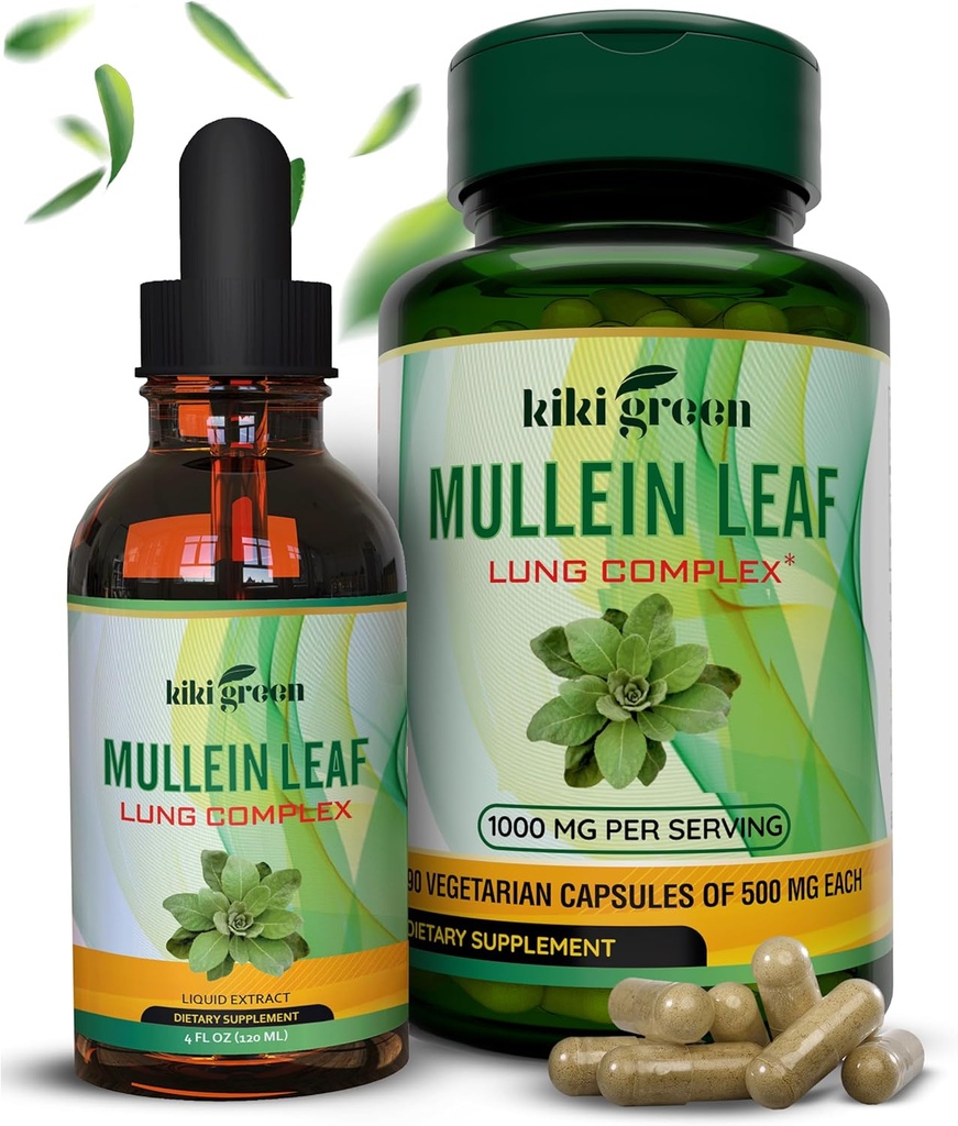 KIKI Green Mullein Kapsle & Liquid Kapsle Kapsle Kapsle - Mullein Leaf Extract doplňky, 90 Kapsle + 2 fl oz - pro podporu dýchání a imunity, lepší funkce plic, Lung Cleanse & Relief