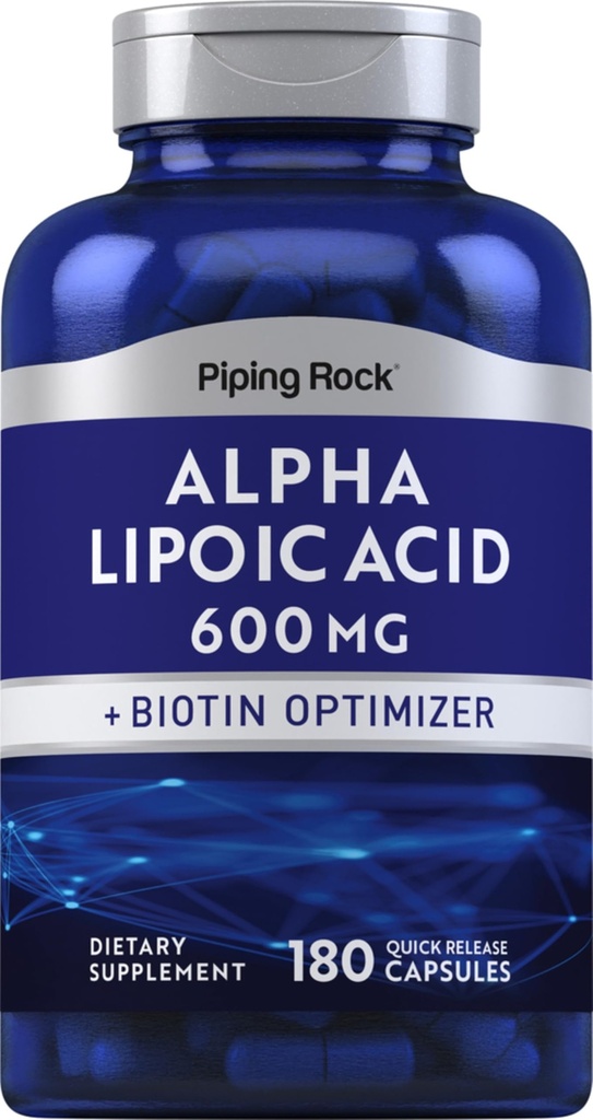 Piping Rock Alpha Lipoic Acid 600mg CLAS124; 180 Kapsle 124; Plus Biotin Optimizer CLAS124; ALA dodatek CLAS124; Non- GMO, gluten zdarma