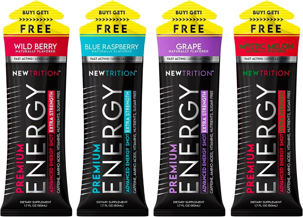 NewTrition ® Extra Strength Energy Shots, 250mg Caffeine Energy with Vitamin B & Amino Acids, Sugar- Free Vitamin Energy Shot, Zero Calorie Focus & Stamina Booster, 1.7 fl oz (Balení 4, 4 Flavors- Mixed-1)