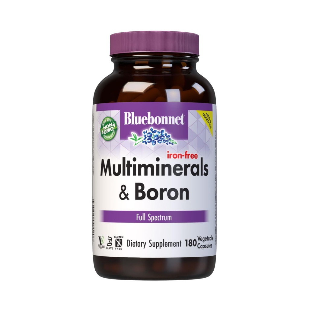 Bluebonnet Multi Minerály Dodatek Plus Boron Chelated Magnesium Draslík Měď Selen Manganium Chromium & Zinek Komplex pro ženy a muže - No Žehlička, Non- GMO, Gluten- Free - 180 Zeleninové kapsle