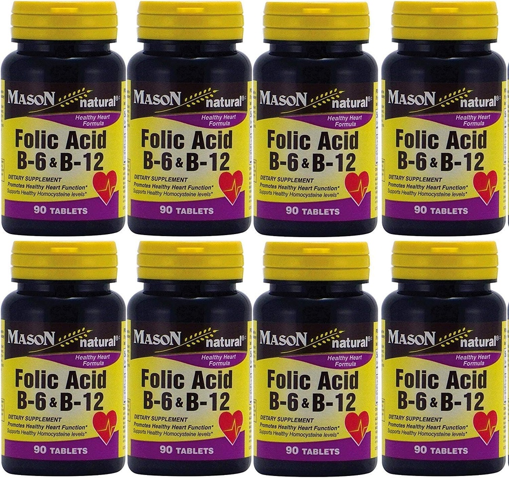 Mason Vitamíny Kyselina listová B-6 & B12 Heart Health Formule 90 Tablety na láhev balení po 8 celkem 720 Tablety