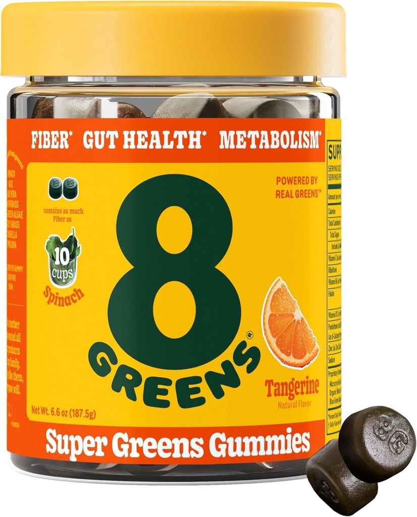8Green Fiber Super Green Gummies PHI124; Fiber, Gut Health, Metabolismus. Stravovací zdraví, zvýšení imunitního systému a stravovací zdraví s 8 Real Green - Non-GMO Formule, Gummy, Tangerine Flavor, 50 Počet