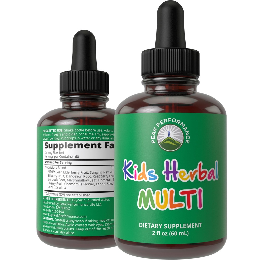 Děti Vitamíny z Bylin. Tekutý dětský bylinný multivitamin. Bez hořké chuti. Cukr zdarma 14-in-1 Vegan Downdrops for Toddlers, Children, Teens. Smíchané ve vodě, které nebudou ani ochutnat