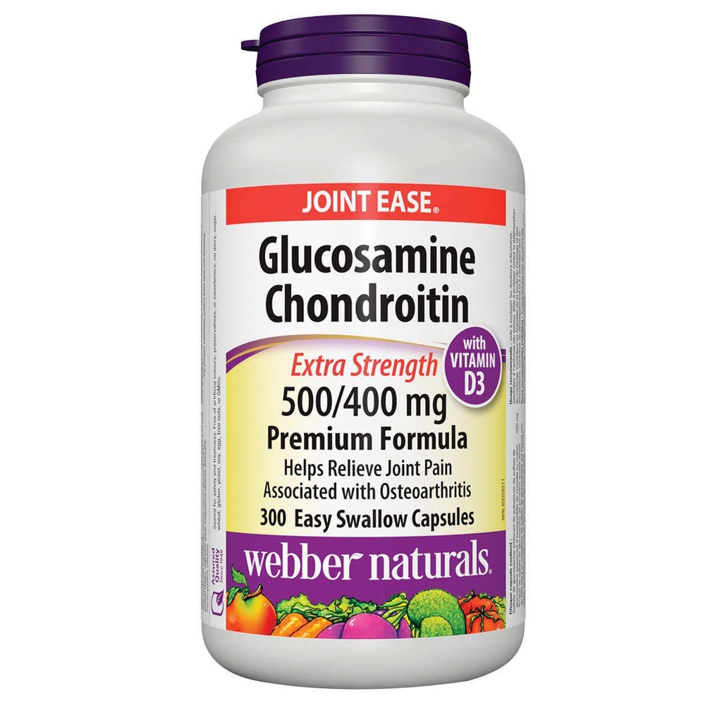 Webber Naturals Glucosamine Chondroitin s vitamínem D3, extra síla, 500 / 400 mg, Premium Formule, 300 Jednoduché polykací tobolky