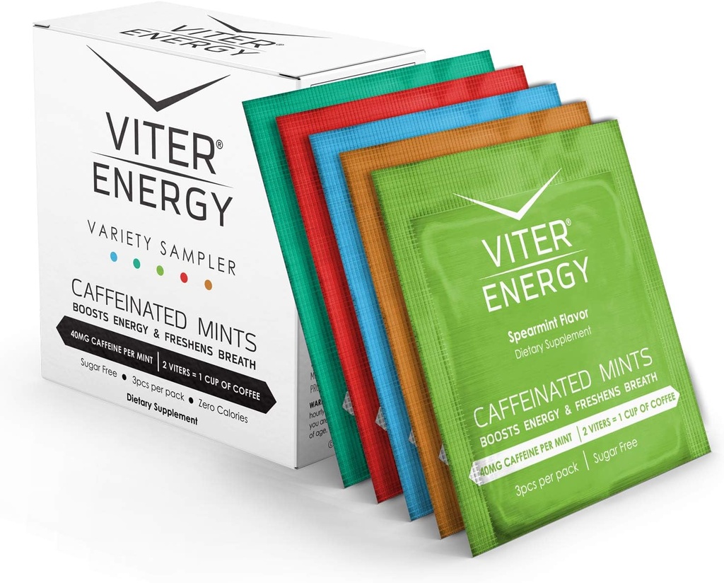 Viter Energy Caffeinated Mints 40mg kofein, B vitaminy, cukr zdarma. (Variety, 3ks, 5 Pack)