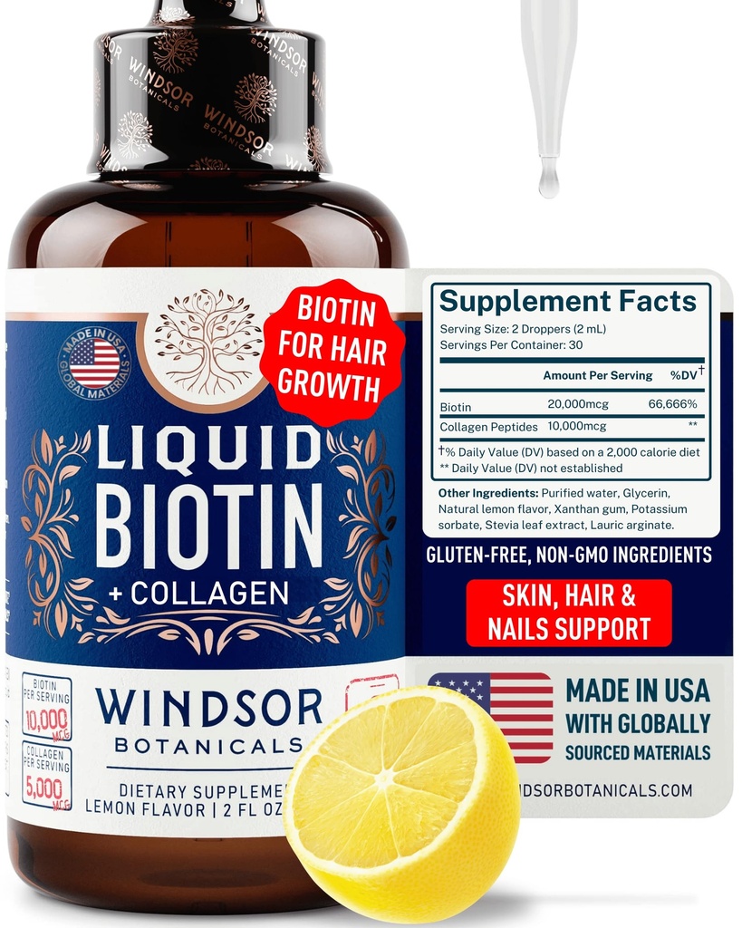 Liquid Biotin pro růst vlasů Kolagen - Biotin Liquid 10,000mcg Kolagen 5,000mcg Extra Strength Liquid - Tekutý kolagen a Biotin Drops pro růst vlasů - Biotin a kolagen Drops pro ženy - 2oz