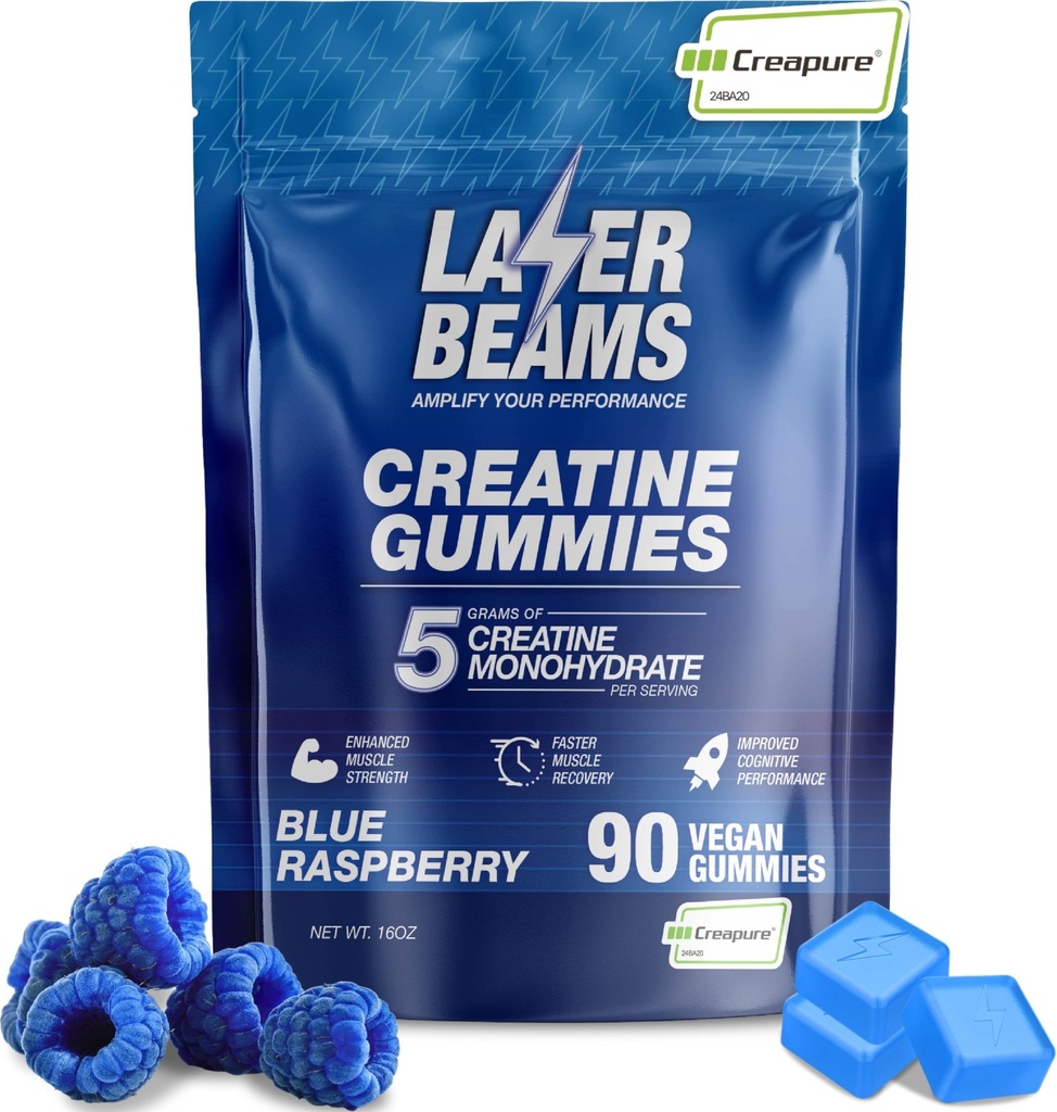 Kreatinové monohydrát Gummie pro ženy & Men- 5g Creapure Creatine per Serving - Vegan, Blue Raspberry Flavor - Zvýšení svalové síly, Vytrvalost, Recovery & Mental Focus (90 Gummies)