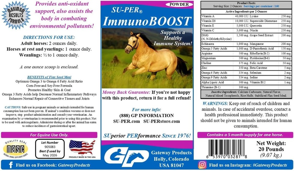 Su-PER ImmunoBOOST Horse Anti- Oxidant Dodatek - Podporuje imunitní systém a nutriční nedostatky - Vitamíny E & C, Grape Seed Extract, Bylinné extrakty - 20 Pound, 5 Měsíc Dodávka
