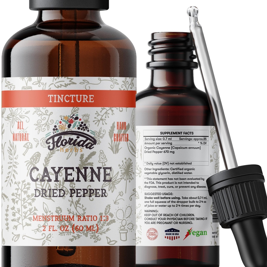 Cayenne Tincture Extract, Organic Cayenne (Capsicum annuum) Sušený pepř - Zeleninový glycerin - Non- GMO - 2 oz