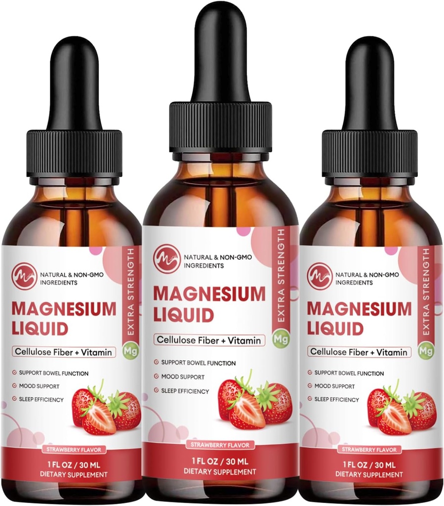 (3 balení) Glycinát hořečnatý kapalné kapky, vysoká absorpce hořečnatý kapalný s bromelainem, vitamin B6 C D, doplněk hořčíku pro děti a dospělé, noční a svalová podpora, Jahodová příchuť