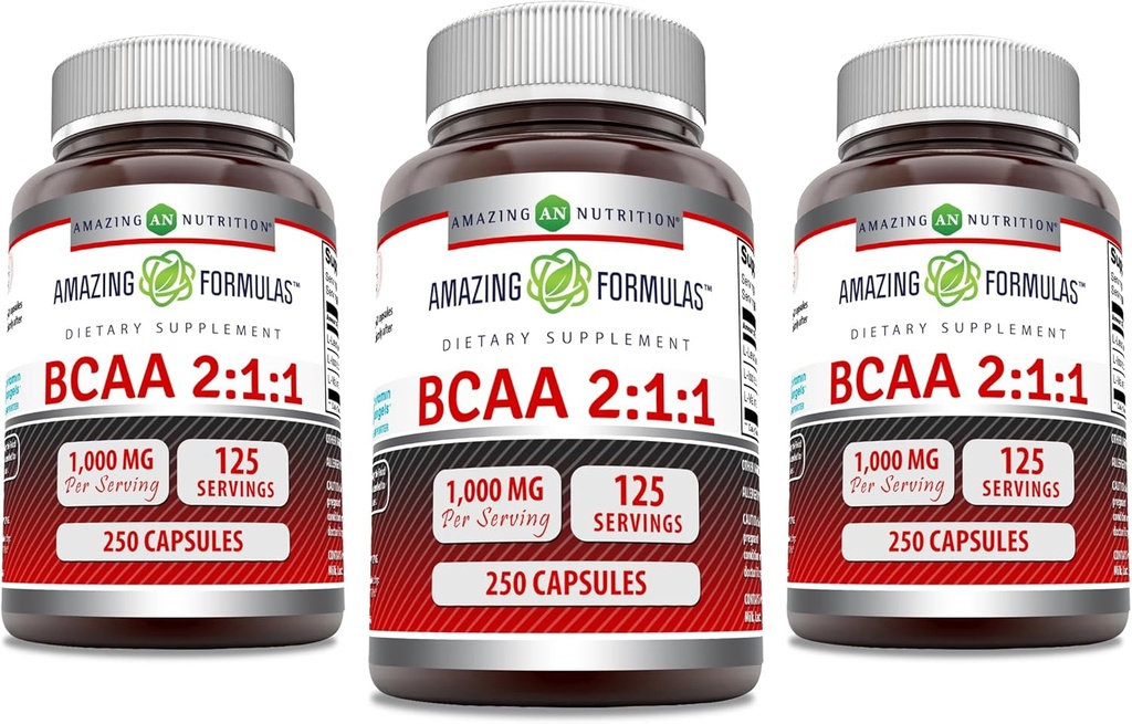Úžasné doplňky BCAA 2: 1: 1 1000 Mg Per servírování 124; Kapsle 124; Branched Chain Amino Acids Supplementary 124; Non-GMO AII124; Gluten- Free AII124; Made in USA (3 balení, 250 Počet)