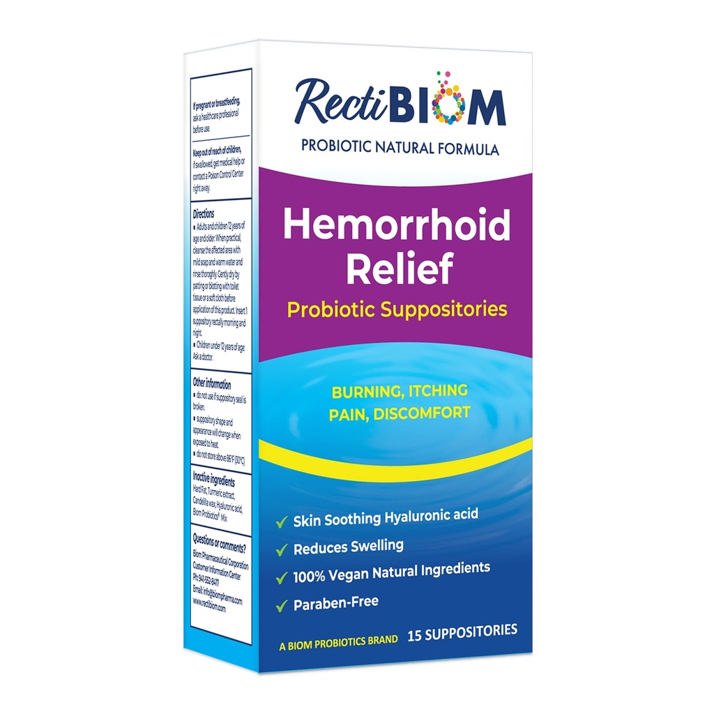 RectiBiom Probiotic Hemoroid Relief Suppositories s pokožkou uklidňující přírodní ingredience, Rychlá úleva. Kyselina hyaluronová a výtažek z kurkumy, vegan, gluten- Free Formulation