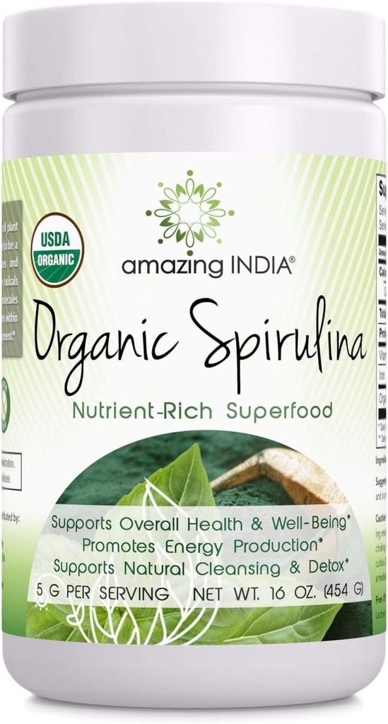 Amazing India Organic Spirulina Powder (Non- GMO) 16 oz (454 gm) - Podporuje buněčnou regeneraci, imunitní zdraví, detoxikaci a celkové zdraví *