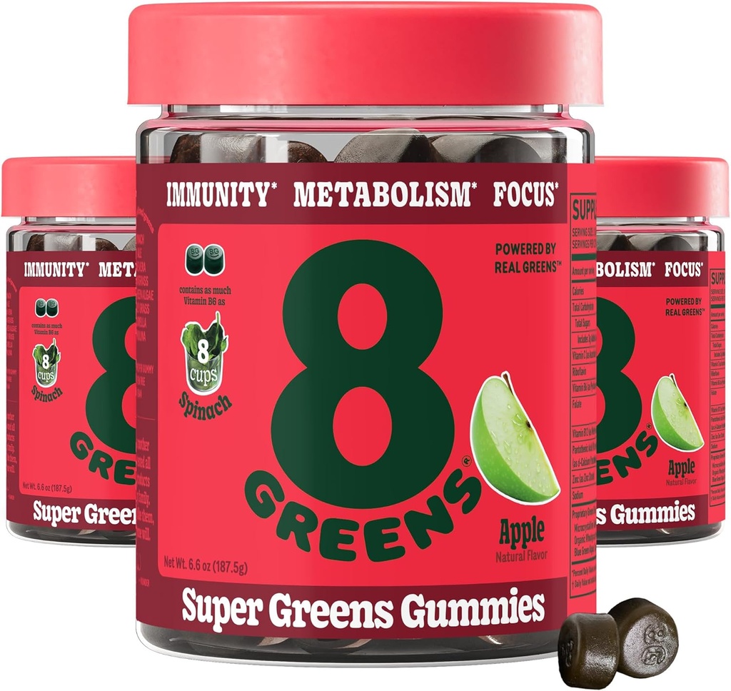 8 Zelených Supergreens Gummies PHAR124; Super Zelených Powder Superfood Gummy for Metabolismus, Imunita & Focus, Digestive Health Enzymes, Organic: Chlorella, Spirulina, Aloe Vera, Apple Flavor, 150 Počet