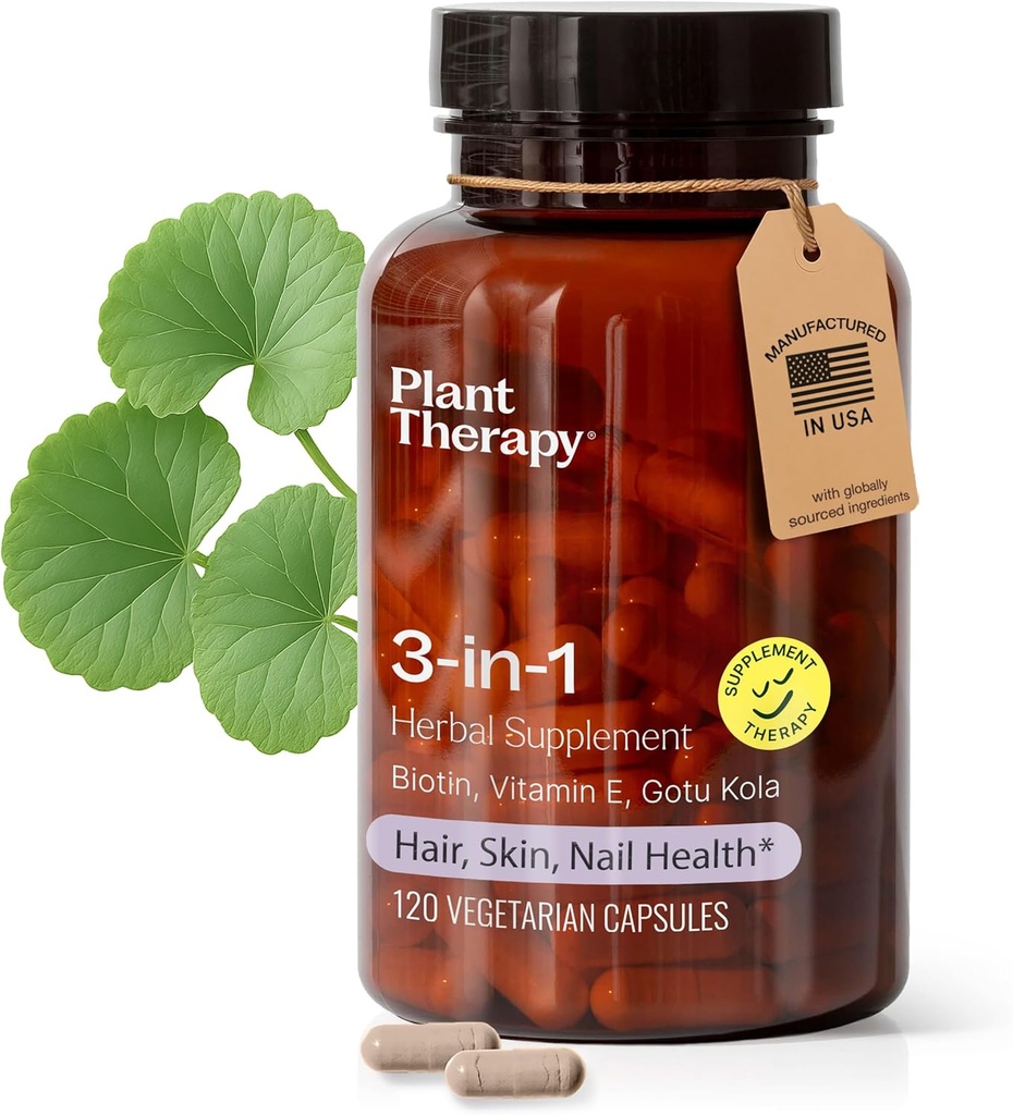 Rostlinoterapie 3- in-1 Biotinové kapsle s vitaminem E & Gotu Kola vyráběné v USA 4 měsíce Supports Radiant kůže, růst vlasů a silné nehty doplňky pro ženy 120 Vegetariánské kapsle