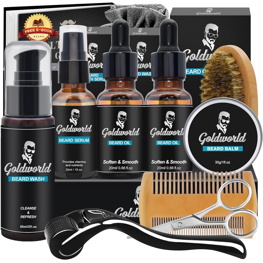 Beard Kit, Beard Grooming Kit w / Beard Wash / Shampoo, 2 Packs Beard Oil, Beard Balm, Beard Wash, Brush, Comb, nůžky, skladovací pytel, E- Book, Beard Care & Trimming Kit