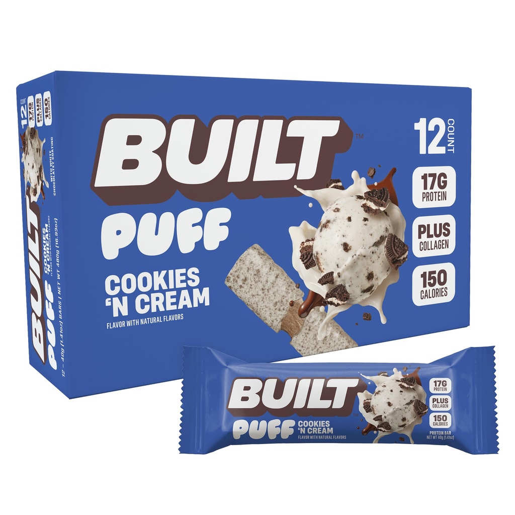 Postavený bar, Puff Protein Bary, Cookies 'N Cream Puff, 17g Protein Snacks, On-The- Bary, Pouze 140 kalorií, 7g cukru, kolagen, Ne gluten zdarma, 12 Počet