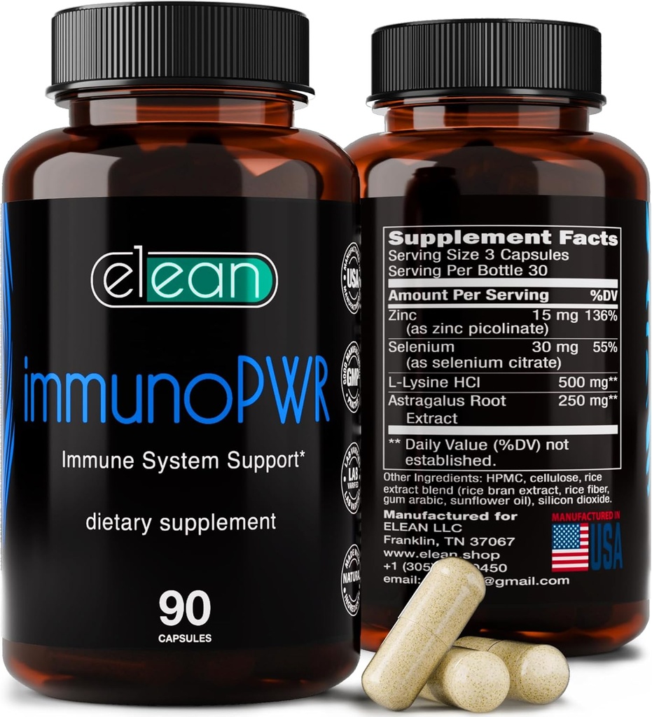ELEAN Immuno PWR - obohacený zinkem, selenem, aminokyselinou lysinovou a Astragalus Root Extract pro syntézu kolagenu, štítné žlázy, minerální podpora, energie a imunitní zdraví 90 Veg Kapsle.