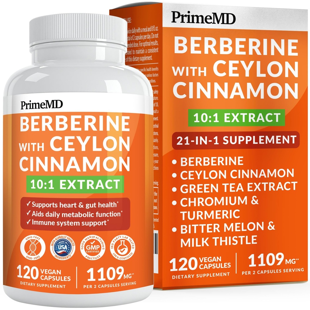 21- in-1 Berberine dodatek s Ceylon Skořice s chromem, hořký Melon a zelený čaj extrakt a Black Pepper Extract 5X pro podporu energie a metabolismu s 5279 mg (120 ct, balení po 1)