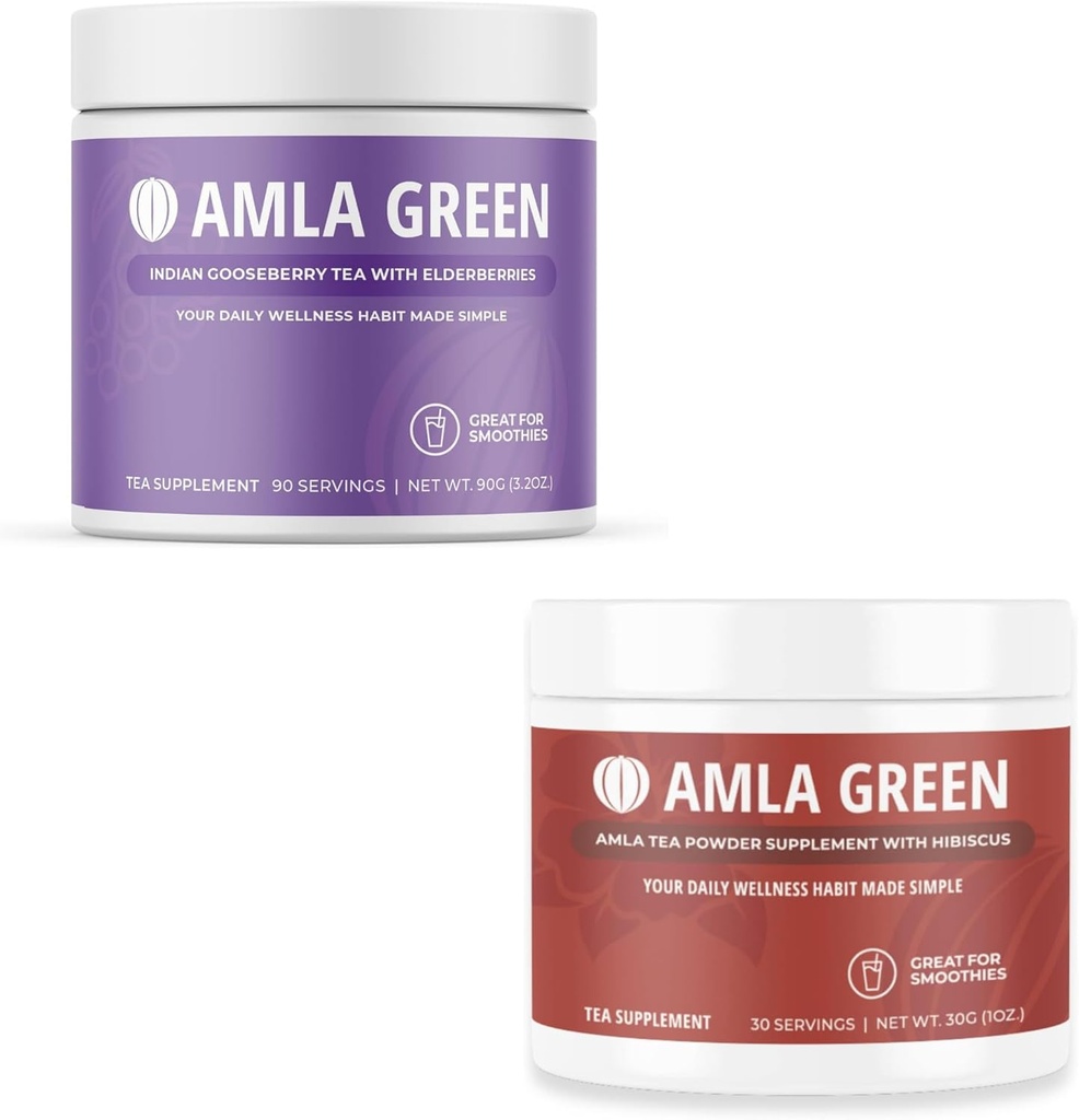 Amla Powder & Green Tea Superfood Dodatek, Antioxidant Support, Made with Elderberry (90 Servings) & Hibiscus (30 Servings), Organic, Vegan