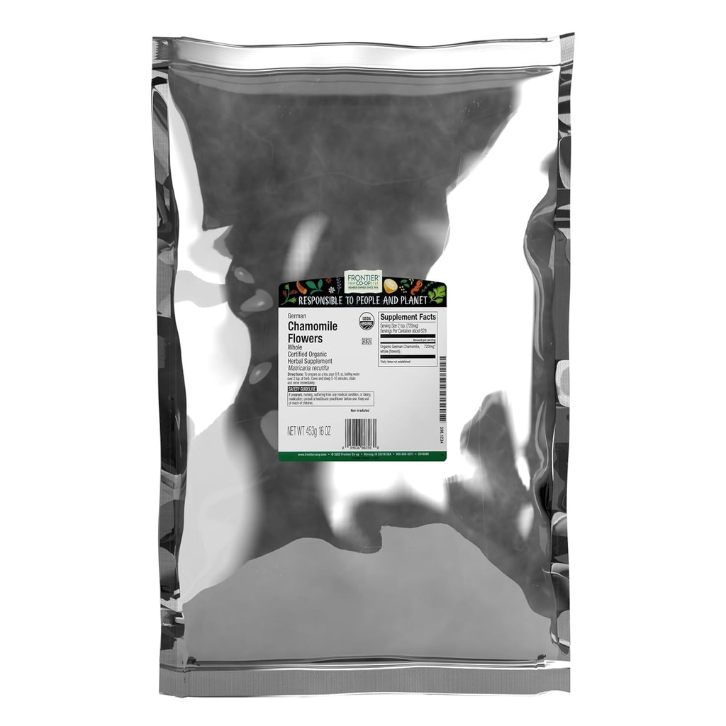Frontier Co- op Organic Whole Heamomile Flowers, Kosher, Bulk Herb - Sušené heamomile květiny pro čaj, přírodní recepty péče o pleť a další 124; 16 Ounce (balení po 1)