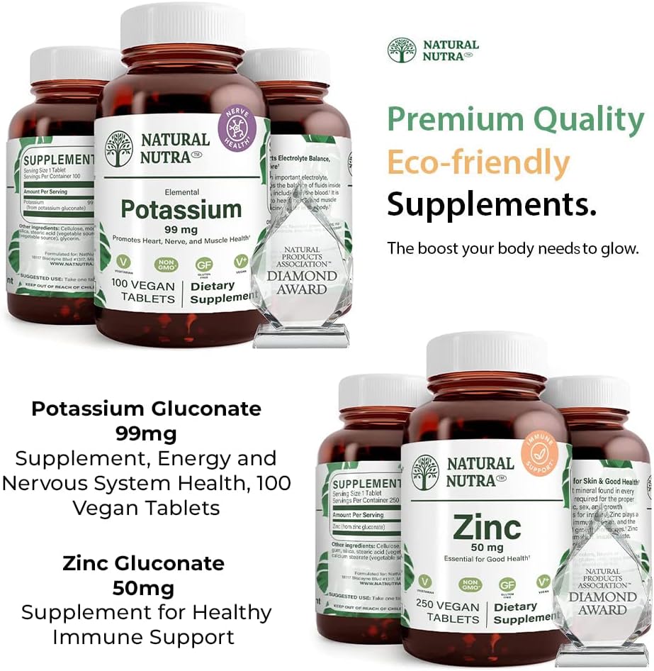 Natural Nutra Draslík Gluconate 99 mg a zink Gluconate 50 mg doplňky pomáhá udržet imunitu a úroveň energie, gluten zdarma, esenciální pro dobré zdraví.