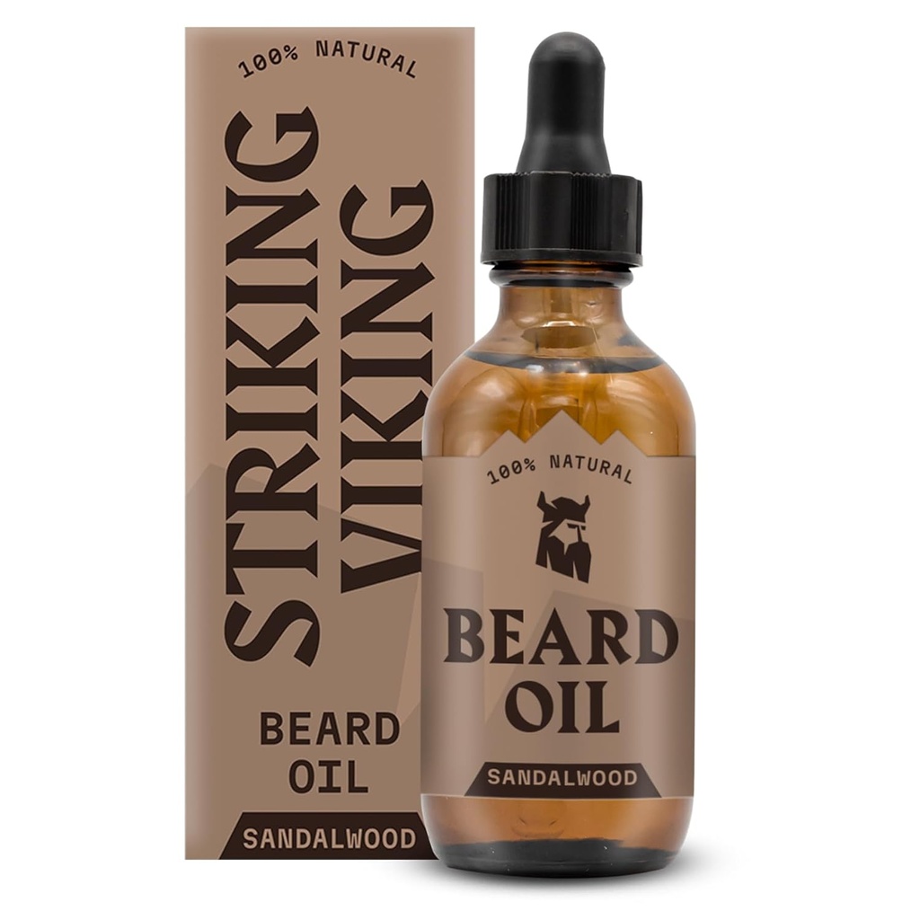 Striking Viking Sandalwood Beard Oil pro muže - 2 Fl Oz, Sandalwood Scent - Přírodní hydratační a změkčovadla péče s Argan, Jojoba, mandle a čaj Tree - Non- Greasy, Fast- Absorbing Formule