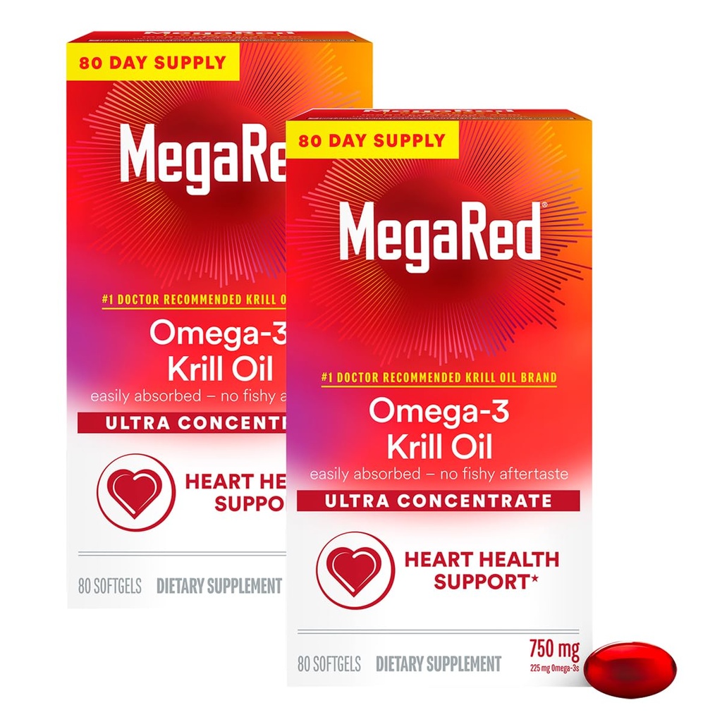 MegaRed Ultra koncentrát 750mg Omega33 Krill olej mastné kyseliny doplněk s EPA / DHA, Antioxidant Astaxanthin, No Fish Oil Aftachute podporuje srdeční zdraví, 80 Počítání Softgels (2 Pack)