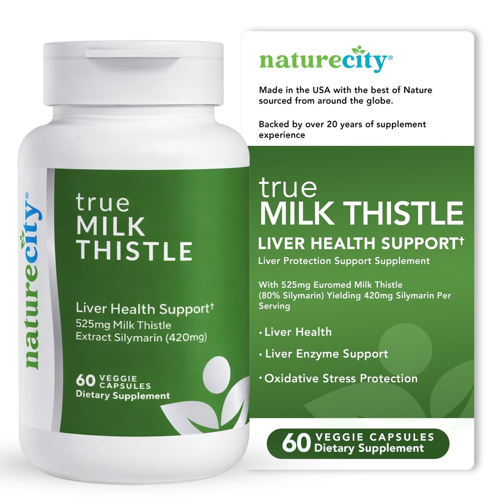 NatureCity TrueMilkThistle Supplementary 124; Doplněk k mléčnému bodláku 525mg Supplementary 124; Mléko Thistle (80% silymarin) obsahující 420mg Silymarin 124; Antioxidant Supplement 124; Doplněk k podpoře jater 124; 60 Veggie Kapsle