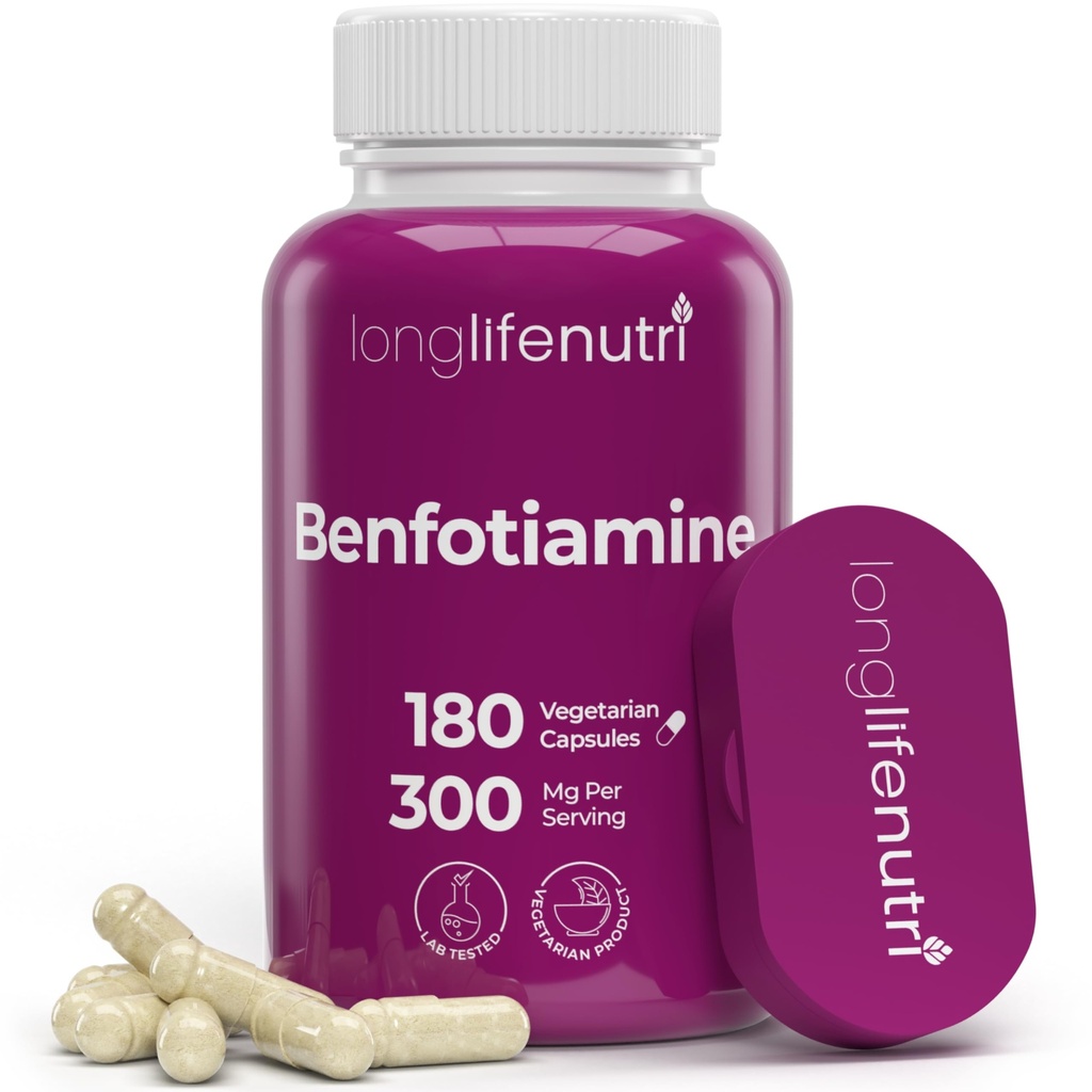 LongLifeNutri Benfotiamine 300mg - 180 Vegetariánských kapslí, 6- měsíční dodávky, Fat- Soluble B1 Thiamin dodatek pro energii a wellness, Lab Tested, Made in USA