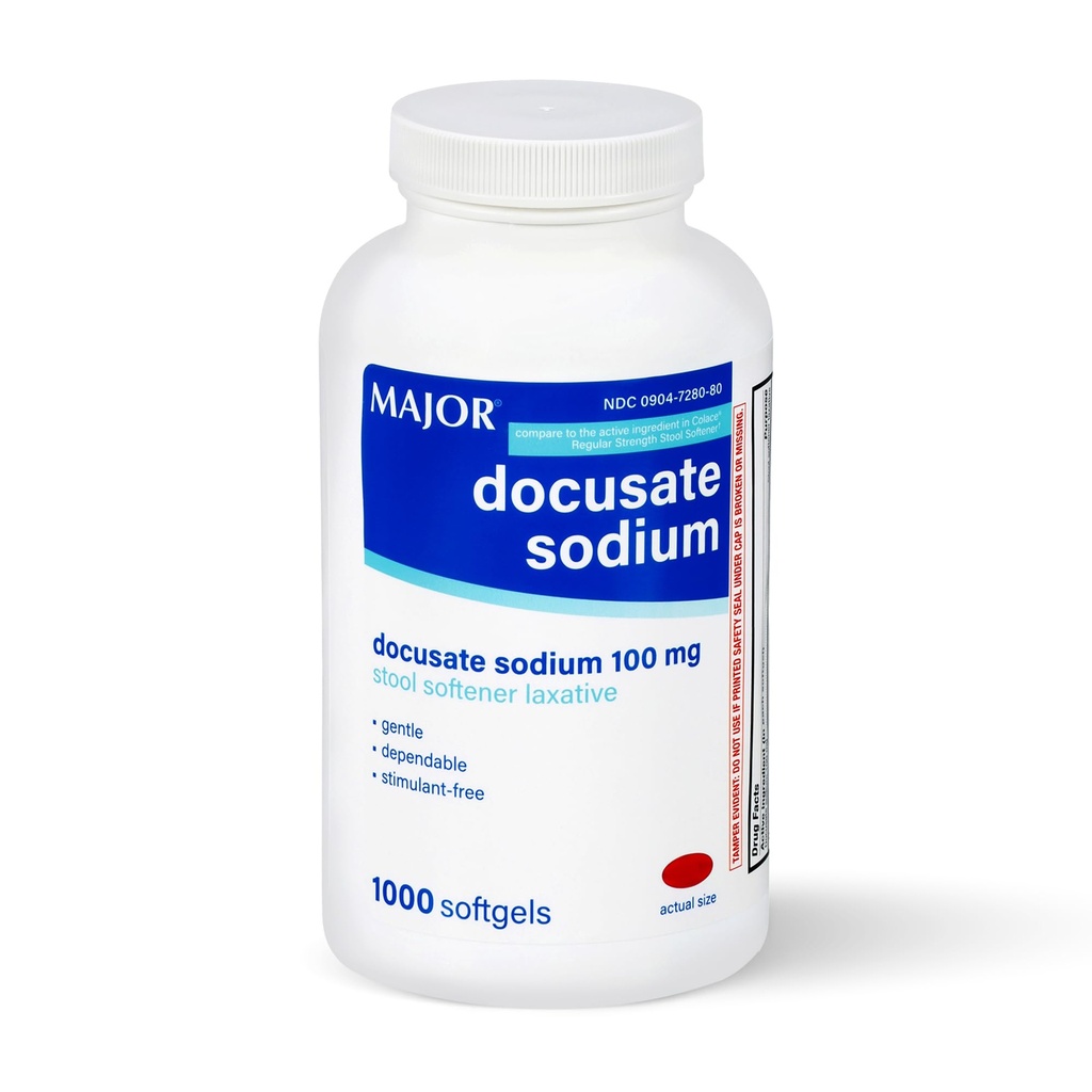 MAJOR Docusate Sodná sůl 100mg, Stool Softener Laxative for Occasional Constolly Relief - Gentle, Dependable, Stimulant- Free, 1000 Softgels