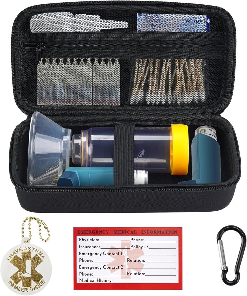 YouKnow Travel Carry Case pro Asthma Inhaler, Inhaler Spacer pro dospělé a děti, Maska, Inhaler Holder s Asthma varování štítek a lékařské karty, s karabinkou (pouze) (Black)