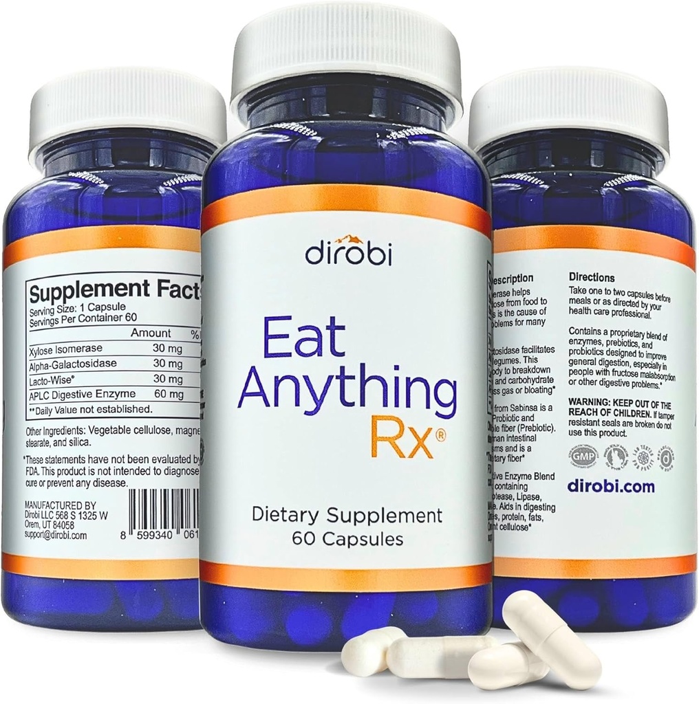 Dirobi Jezte cokoliv Xylosa Isomerate Fruktosa malabsorpční enzymy, FODMAP dodatek, trávicí enzymy pro lepší laktózu, tuk, protein & karbohydrát Digestion Gas & Bloating Relief 60 Kapsle