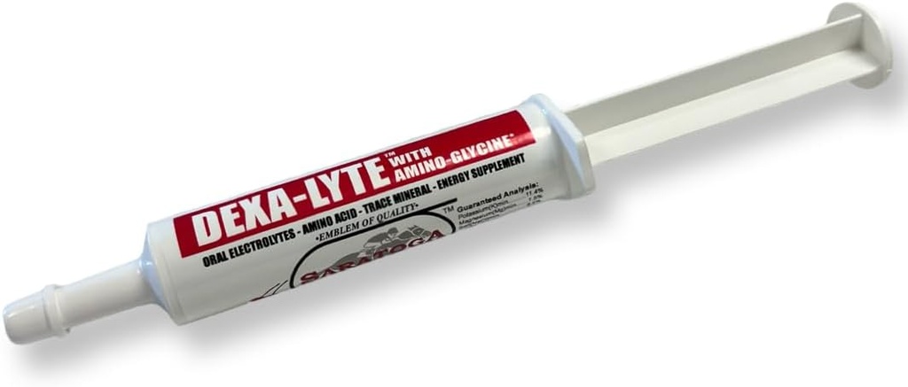 Dexa-Lyte - Premium Electrolyte & Amino Acid Energy Boost pro koně. Rychlé doplnění ztracených minerálů z cvičení, dehydratace a extrémní počasí. Snadné podání přípravku Syringe.