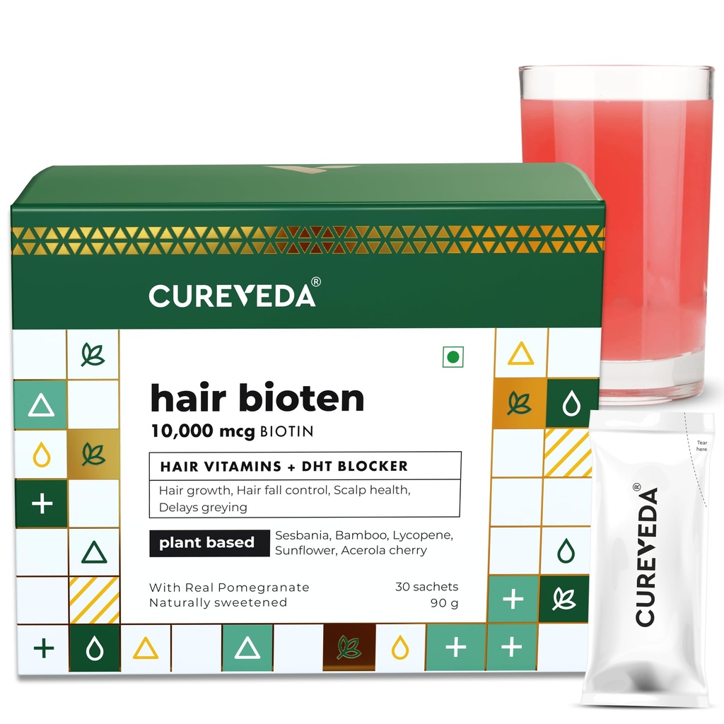 Cureveda Curveda Růst rostlin na bázi Biotin 10000 Mcg Práškový dodatek pro Unisex, Výhody Zdravý skalp a růst vlasů, Bez přidaného cukru, Přírodní Granátová příchuť 150 g (Balení 1) Grow-1